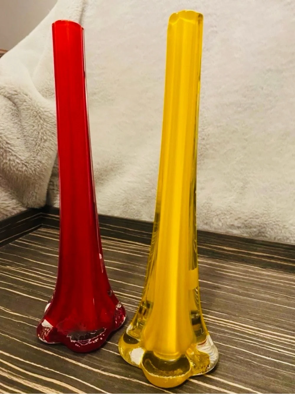 Vintage Red & Yellow Art Glass Vases – Unique Pair with Elephant Foot Bases
